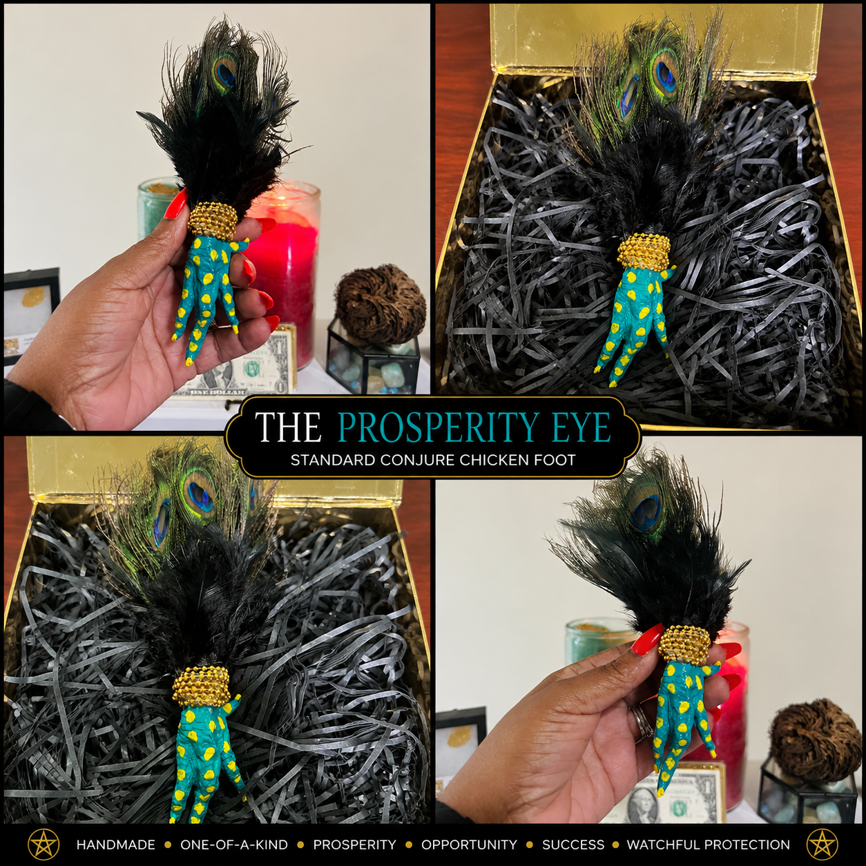 THE PROSPERITY EYE STANDARD CHICKEN FOOT Hand-Painted • Hand-Feathered • One-of-a-Kind Spiritual Tool