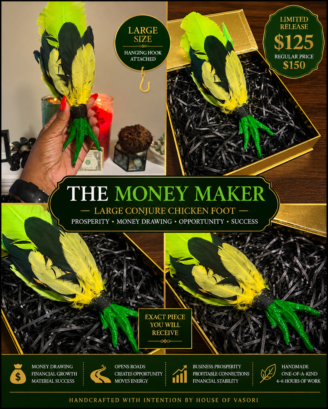 THE MONEY MAKER — LARGE CONJURE CHICKEN FOOT Hand-Painted • Hand-Feathered • One-of-a-Kind Spiritual Tool