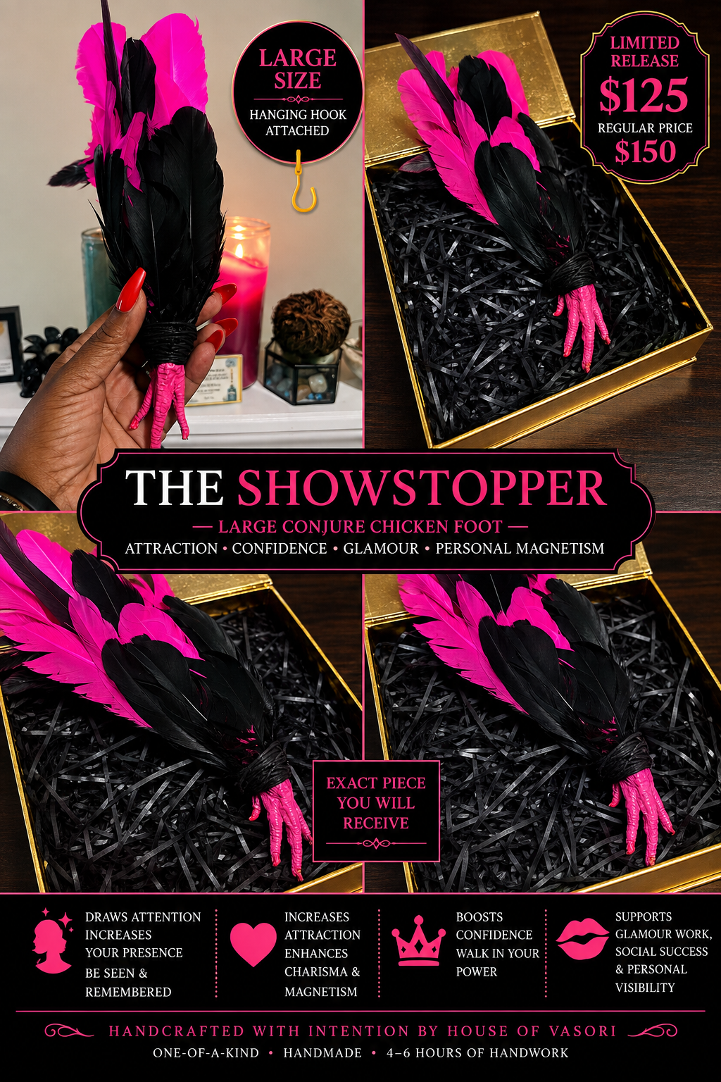 THE SHOWSTOPPER — LARGE CONJURE CHICKEN FOOT Hand-Painted • Hand-Feathered • One-of-a-Kind Spiritual Tool