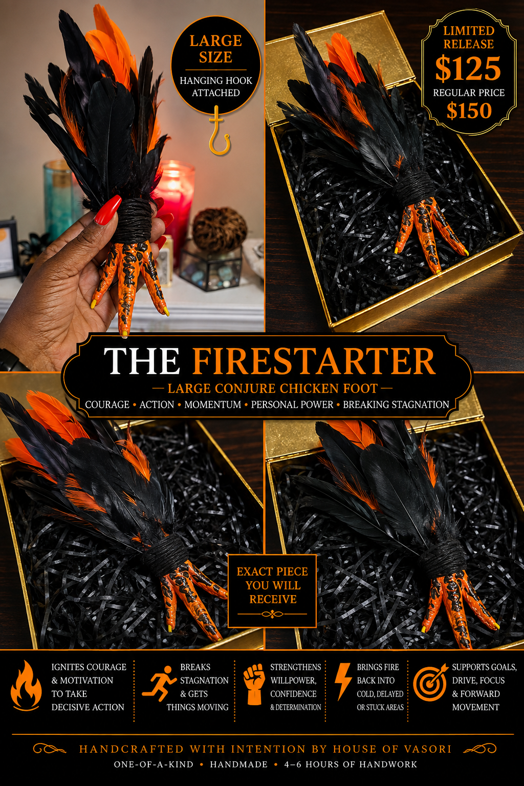 THE FIRESTARTER — LARGE CONJURE CHICKEN FOOT Hand-Painted • Hand-Feathered • One-of-a-Kind Spiritual Tool