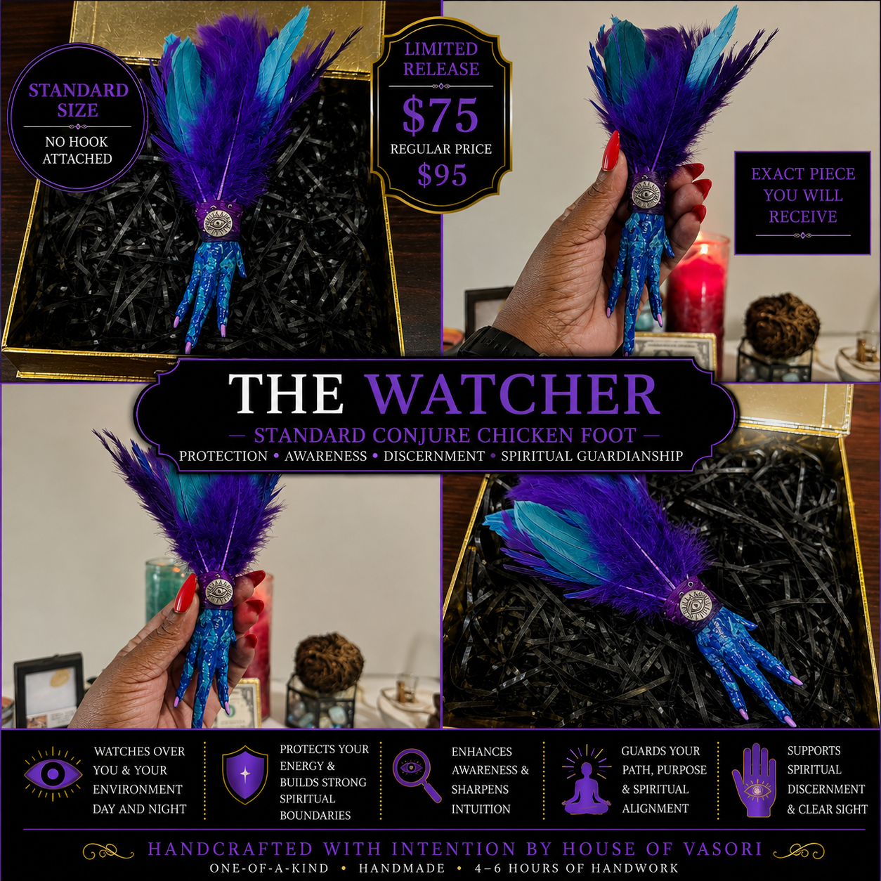 THE WATCHER — STANDARD CONJURE CHICKEN FOOT  Hand-Painted • Hand-Feathered • One-of-a-Kind Spiritual Tool